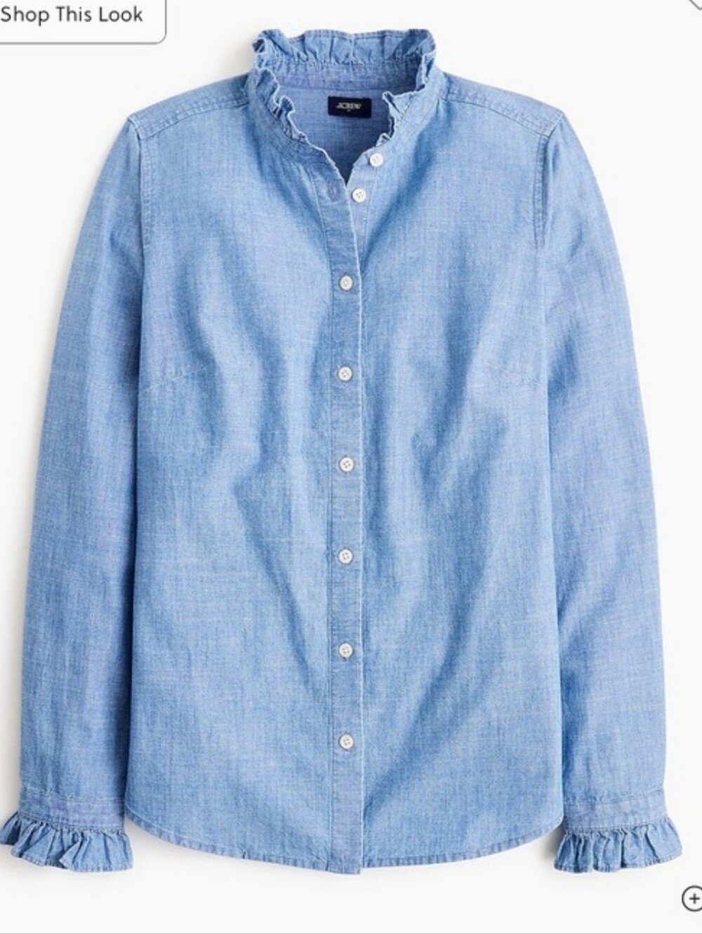 J Crew Factory Ruffle Chambry Vintage Blue Wash button-up top